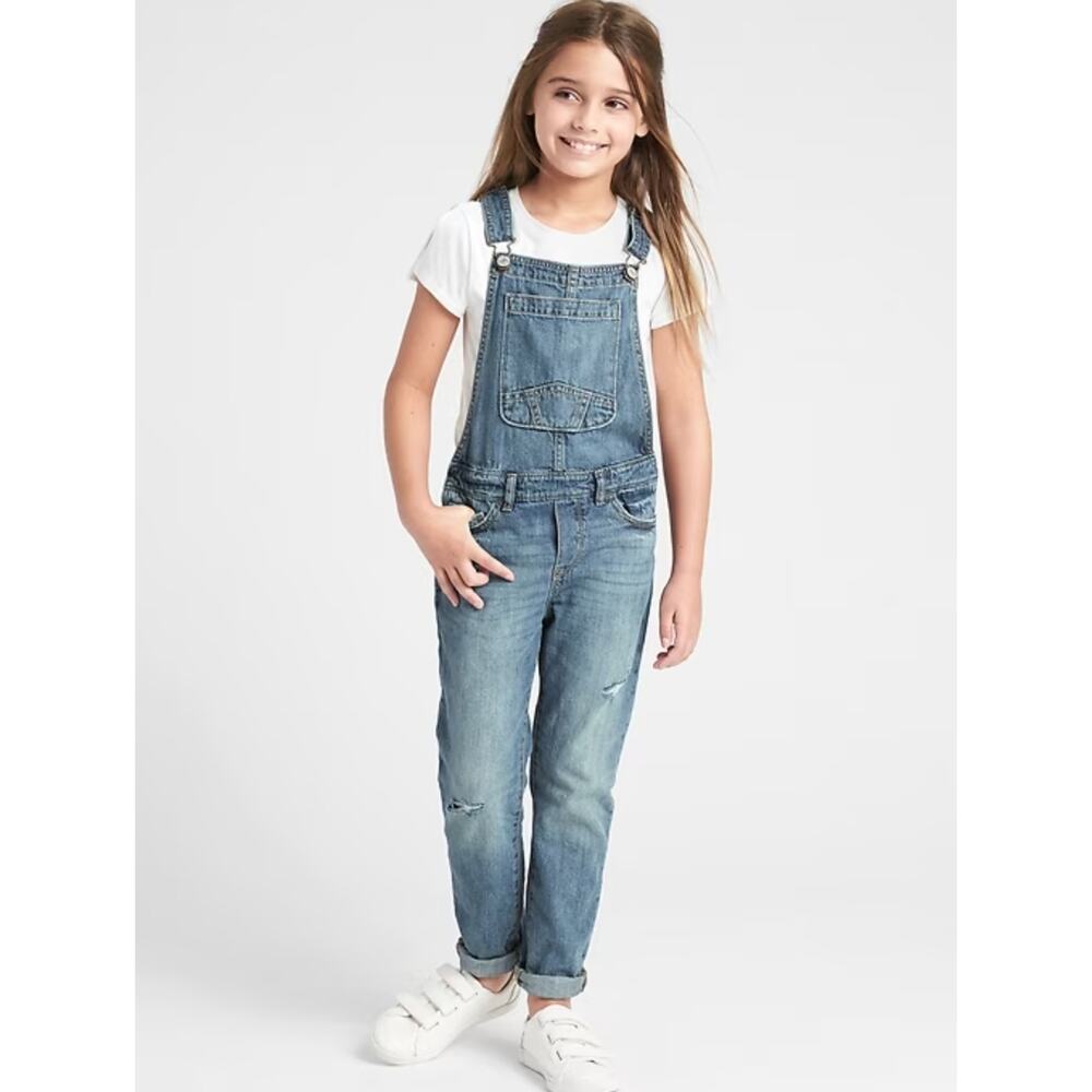 GAP Kids Distressed Jean Overalls L Medium Indigo Denim‎